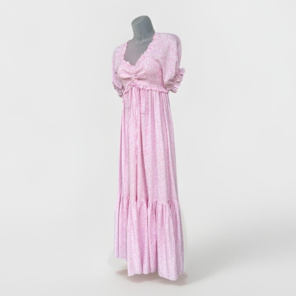 Mable Pink Smocked Maxi Dress Size Med Cottagecore Ditsy Floral Puff Sleeve Boho - Picture 2 of 10